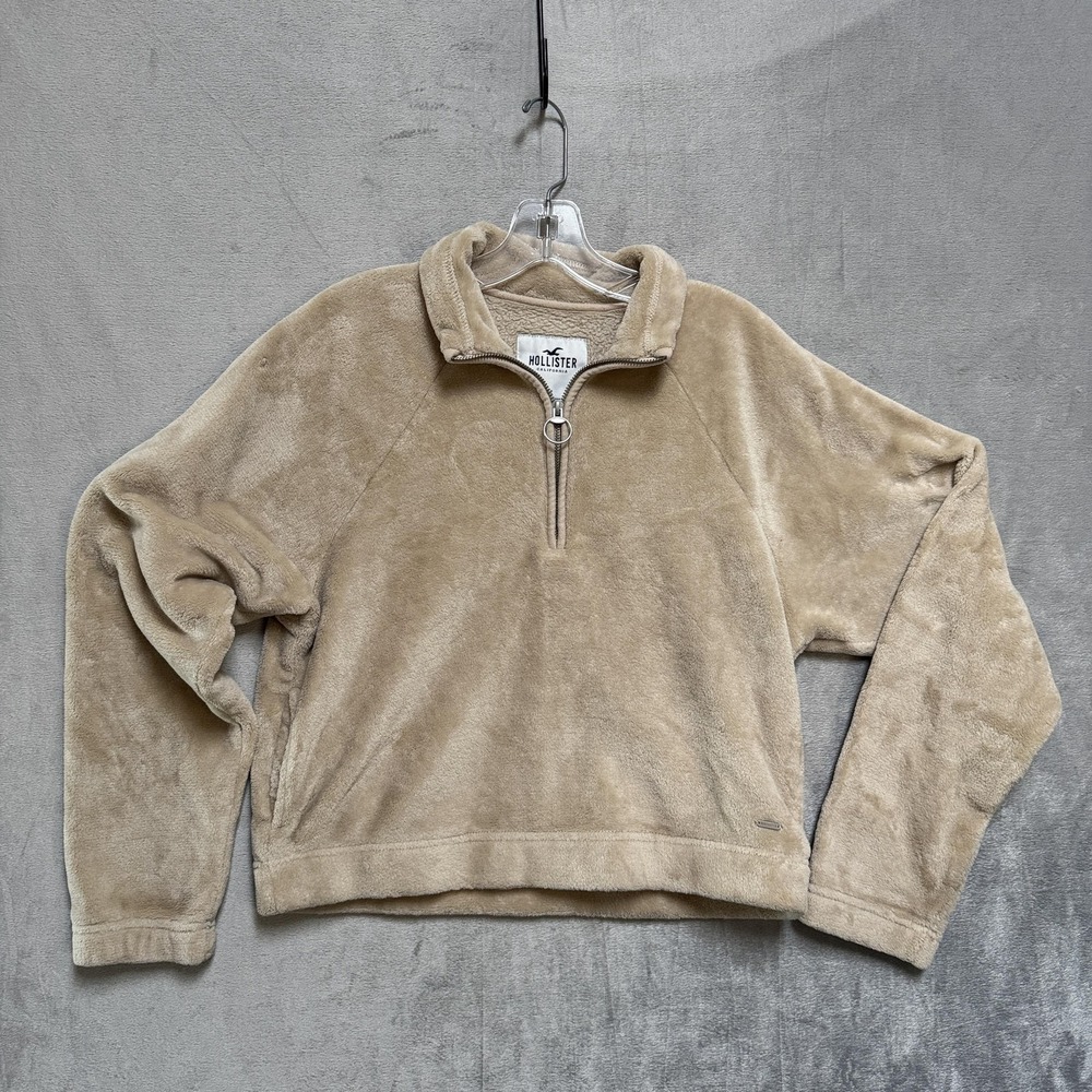 Hollister Sweatshirt Womens Small Beige Fuzzy Fleece 1/4 Zip Mock Neck Pullover